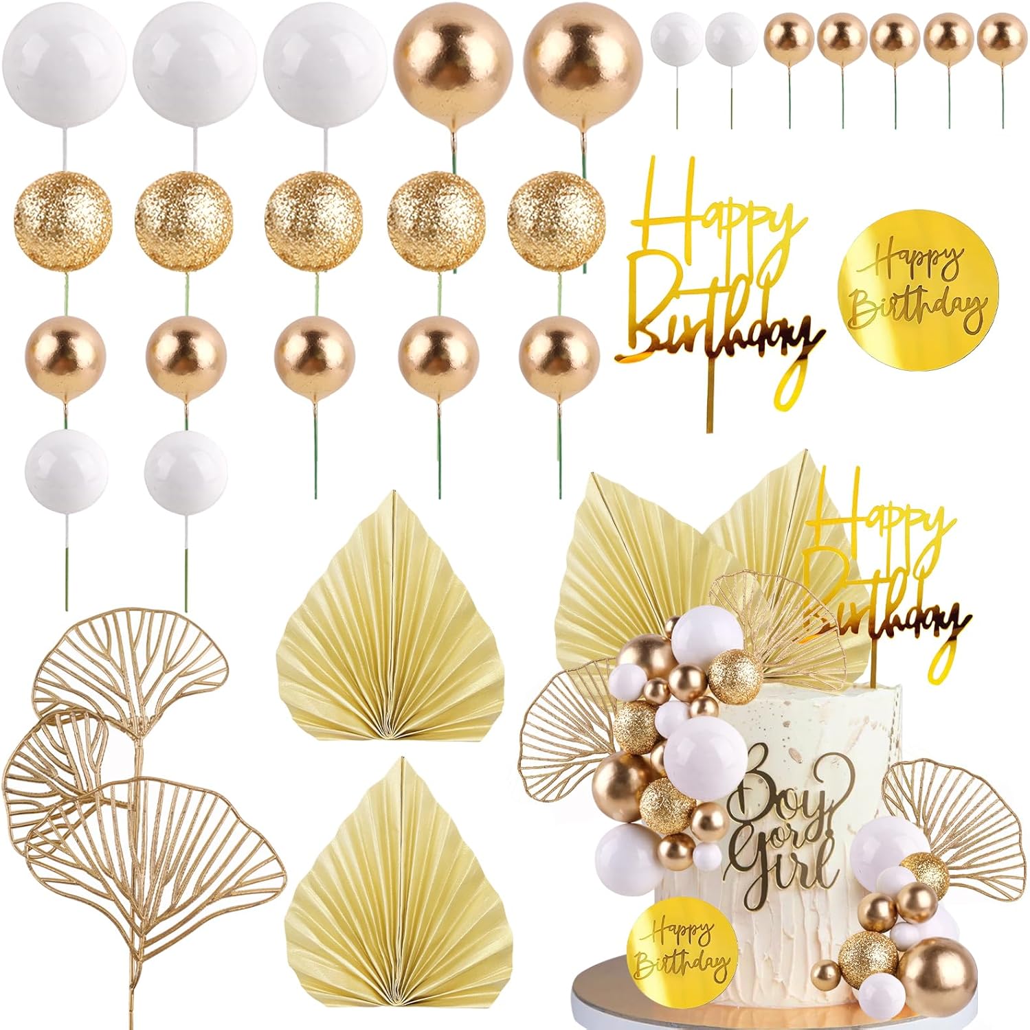 Confetti Balloon Set - Białe złote kulki na tort z